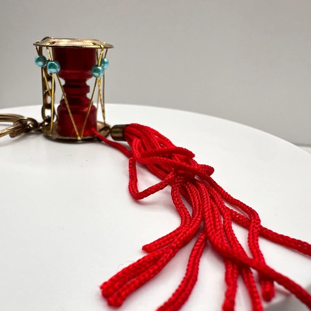 Vintage 90s Korean Janggu Drum Keychain Red Tassel Blue Bead Traditional Style